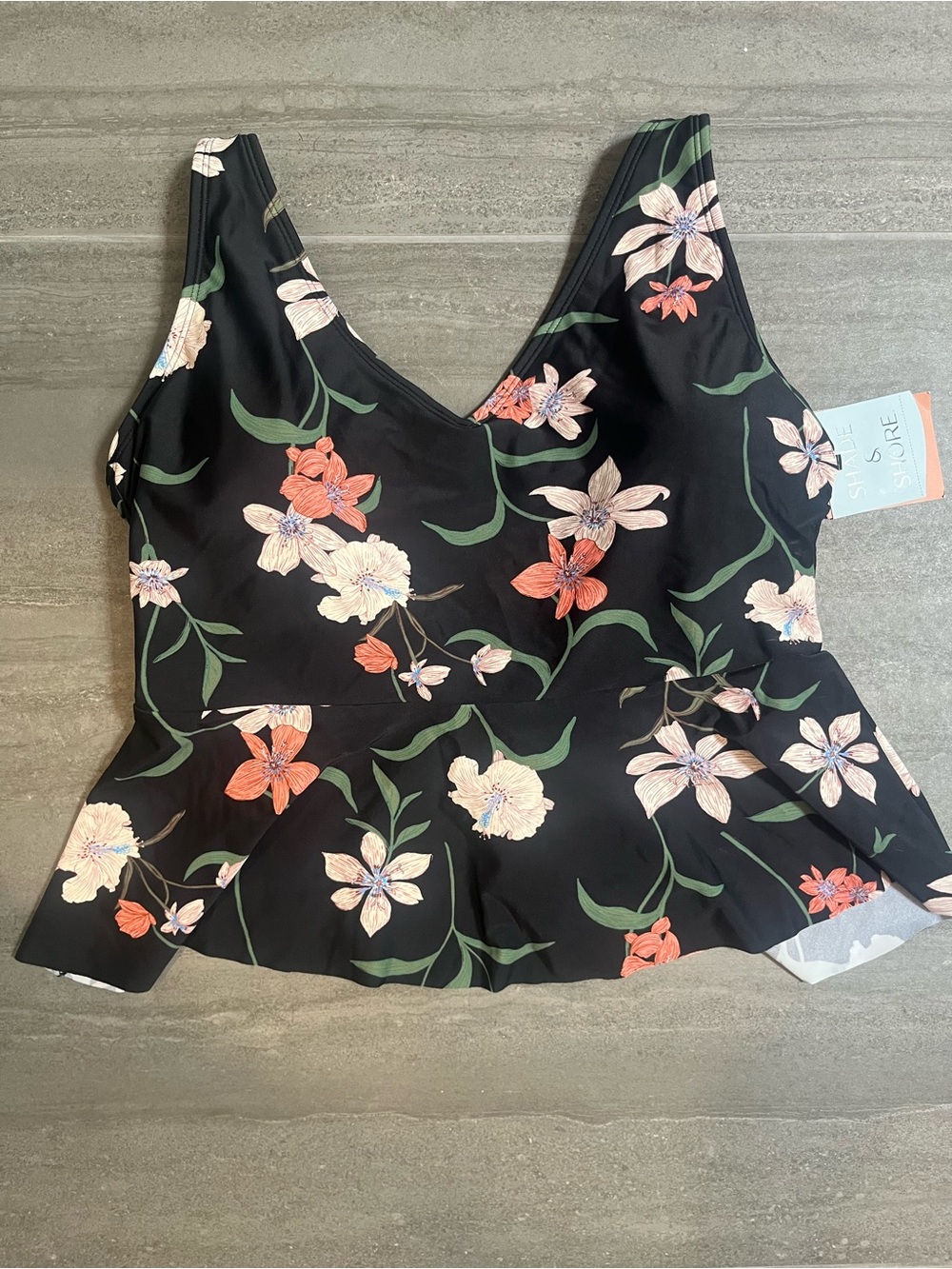 🖤 NWT Flattering Floral Peplum Tankini Top XL 16 Black NWT Adjustable Straps